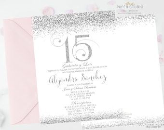 Silver Quinceanera, Sweet 16 Invite, Quinceanera Invite, Confetti Birthday, Silver Invitation, Glitter Invitation, Confetti Invite, BDQ092