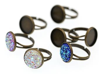 10PCS of 14mm Antiqued Brass Ring Blanks, Ring Tray, Fully Adjustable Ring Blanks