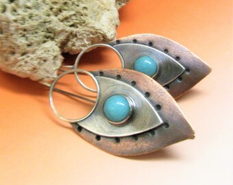 Amazonite Earrings Mixed Metal Earrings, Tribal Earrings, Sterling Silver And Copper Earrings, Metalsmith Earrings, Artisan Copper Jewelry