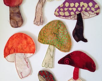 Mushrooms, wild mushrooms, fabric, individual appliqués, batik fabric, thread stitched, for your sewing or art projects, journal covers, art