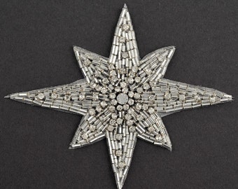 Star Rhinestone Beaded Applique Patch, Bridal Applique, 1 pc, 4" x 5'', FF-348