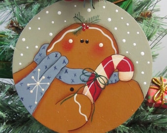 Gingerbread Man Christmas Holiday Ornament - Decoration - Hand Painted Wood