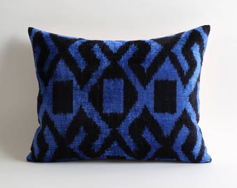 velvet pillow, ikat pillow, ikat pillows, blue black pillow, decorative pillows, ikat pillow cover, velvet ikat pillow, blue ikat pillow