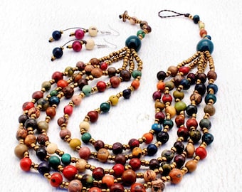 Statement Necklace with Multi Strands, Colorful Bead Necklace and Earring Set, Bib Necklace Set, Fair Trade Jewelry - Gift for Women 1091