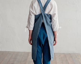 Pure linen pinafore apron in 12 colours. Japanese apron. Cross over apron. Linen cross back apron.