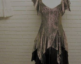 80's Gold & Black Lame Prom Dress with Hankerchief Hem sz 6