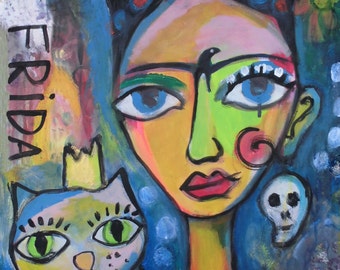 Postcard Frida Kahlo 52 mixed media free Shipping