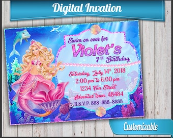 Barbie Mermaid Invitation, Mermaid Invite, Printable Invite + customization, NOT Instant download. Princess and the pearl