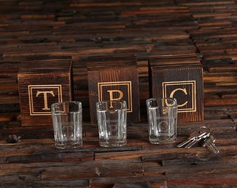 Personalized Shot Glasses with Wood Box Groomsmen, Best Man, Man Cave Gift Barware