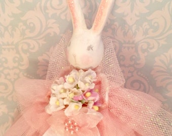 Bunny tree topper easter bunny doll vintage victorian inspired pink spring rabbit art doll