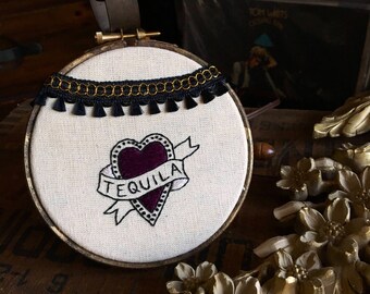 Traditional tattoo flash style heart - Tequila - 5" Embroidery hoop art - wall hanging - hand embroidery