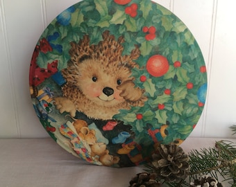 Little Hedgehog/Sleeping Mice Christmas Tin, Vintage Christmas Cookie Tin, Holiday Tin