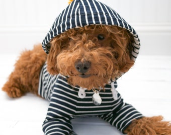 Dog Clothes Hoodie Navy Stripe with Pom Pom and Pocket