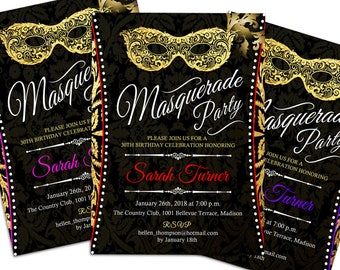 Masquerade Party Invitation / Masquerade Ball / Mask / Gold Black Red Pink Purple / Birthday Carnival Mardi Gras / Printable Digital Invite