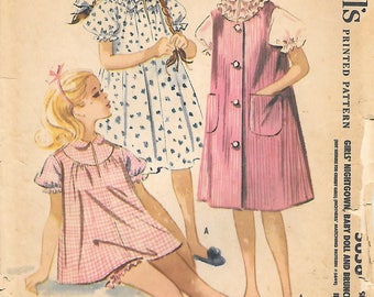 Girls 12-McCalls 5656 1960s Teens Ruffled Baby Doll Pajamas Nightgown and Brunch Coat Vintage Sewing Pattern Robe