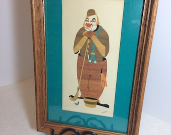 1960s Joan Bryant Danish Modern Clown Picture Matted, Under Glass, Wood Frame Mid Century Modern