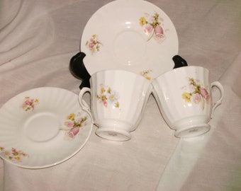 Pair of Vintage Bone China Teacups and Saucers Made in England Floral Motif