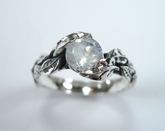 Leaf Ring With Moon Stone Gemstone In Silver, Moonstone Leaf Ring, Leaves Ring, Friendship Silver Forest Ring, Natural Floral Moonstone Ring