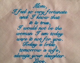 Mother of the Bride LACE SCRIPT Heirloom Personalized Wedding Handkerchief Custom Embroidered