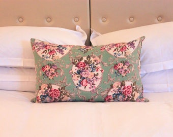 Large Vintage Floral Cushion | Green Barkcloth | Duck Feather Filled