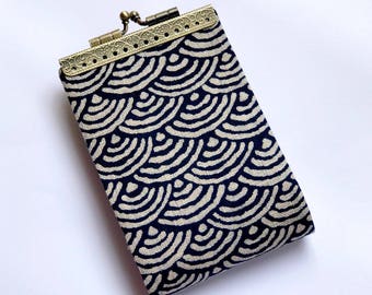 Gift for Teacher Indigo Waves Card Case Wallet Women business card holder, Japanese fabric credit card organizer, kiss lock purse