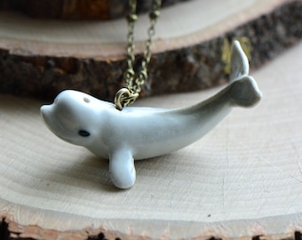 Hand Painted Porcelain Beluga Whale Necklace, Antique Bronze Chain, Vintage Style, Ceramic Animal Pendant & Chain (CA097)