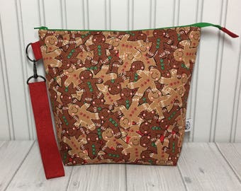Medium Zipper Top with Handle Knitting Crochet Project Bag - Gingerbread Men