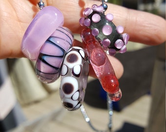 Set of 5 Assorted Handmade Lampwork Glass Ring Beads with FREE Chain - Romancing The Pink!