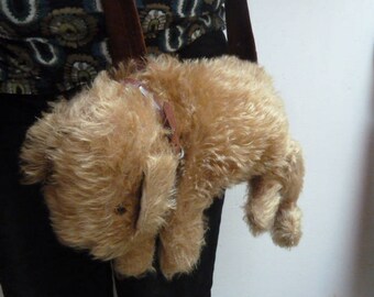 Antique English Pajamas Bag in the shape of a dog, entertained to shoulder bag
