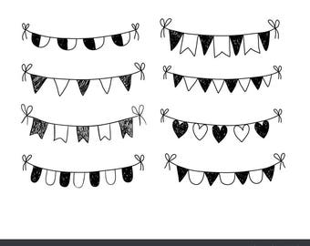 Hand drawn doodle bunting clipart Black and white flag clip