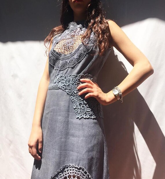 Sexy Elegant Gray sheath dress with crochet nude-effect inserts LOLADARLING Hand dyed gradient effect from Made in Italy from Vintage Unique