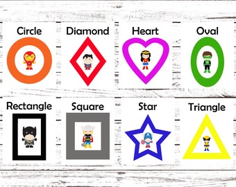 Printable Flash Cards, Learning Toys, Superhero, Printable Shape Cards, Kindergarten, Preschool, Wall Cards, Instant Download
