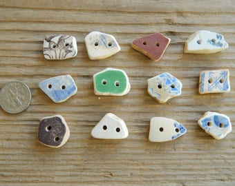 12 small drilled sea pottery buttons for crafts