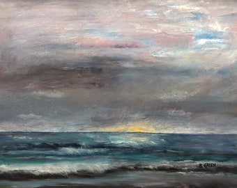 Sunset Storm Art Card Orange Yellow Seascape Painting