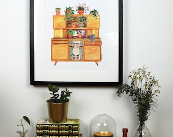 watercolor vintage buffet plants