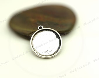 10 Cabochon Settings Antique Silver Tone - Fits 14mm Cab, Round Bezel Trays, Cameo Base, Pendant Blanks - BA34