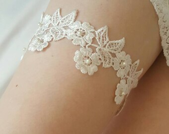 Floral lace garter, wedding garter, bridal garter, pearl embellishments