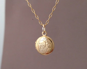 Tiny Gold Etched Flower Round Locket Necklace also in Silver
