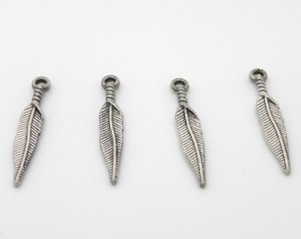Antiqued silver feather charm, 28 mm