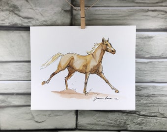 Horse art original - "Sorrel cantering" ink and watercolor painting