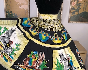 1950s Hand Painted Mexican Circle Skirt by Artegreen -- Darling Burros and Mexican Pottery Painted in Vibrant Colors!