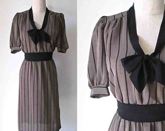 Vintage 1980's secretary dress TAUPE STRIPED ascot neck - S