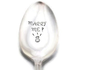 Hand Stamped Vintage Spoon with Diamond Ring, Something Old Engagement Marriage Proposal Idea, Marry Me Spoon