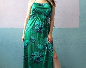 Vtg 70s Slinky Halter Maxi Dress / Rose Print /
