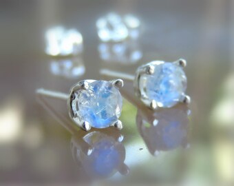 Moonstone Stud Earrings in Sterling Silver - Faceted Moonstone Post Earrings