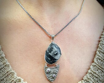 Pendant 925 sterling silver fossil orthoceras amethysts
