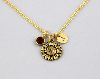 sunflower necklace, gold filled, initial necklace, OPTIONAL birthstone or pearl, sunflower jewelry, happy sunflower gift, flower girl gift