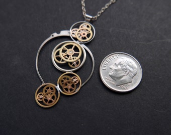 Clockwork Necklace "Deslandres" Recycled Mechanical Watch Gears Pendant Elegant Sci Fi Steampunk Mechanical Mind Birthday Wedding Gift