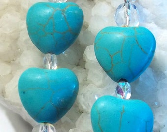 Heart Earrings.Heart Shaped Turquoise And Czech Crystal Beads.