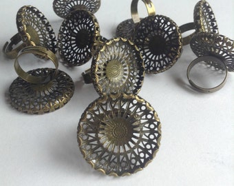 10 Brass Plated Filigree Ring bases / blanks, 30mm round, 27mm pad, antiqued brass color, adjustable, findings, lead/nickel free, Greece